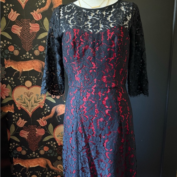 NEW Milly Ally Lace Sleeve Dress Black Red Size 8 Lace Cocktail Dahlia NWT - Picture 3 of 10